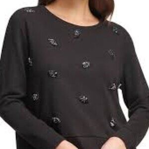 DKNY🖤JEWEL Embellished Black Jewel Neck Sweater Size Small